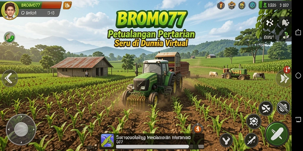 Screenshot gameplay BROMO77 menampilkan ladang subur dengan tanaman hijau.