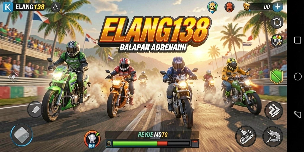 Gameplay seru ELANG138 dengan motor balap di jalanan yang dinamis.
