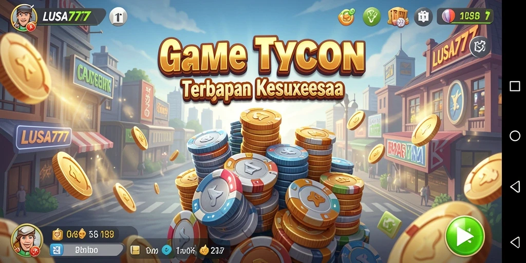 Screenshot utama LUSA777 menampilkan aksi seru pengelolaan bisnis Tycoon.