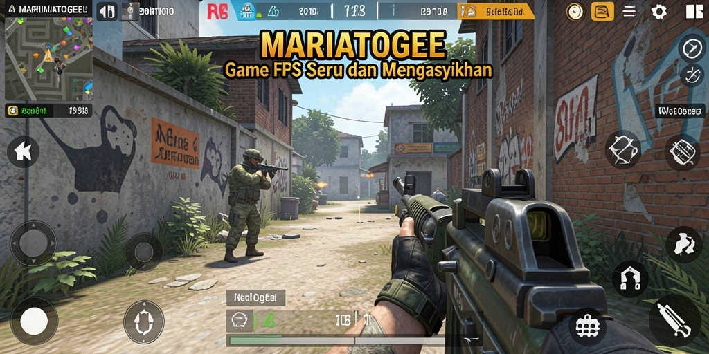 Screenshot utama MARIATOGEL menunjukkan aksi seru gameplay FPS.